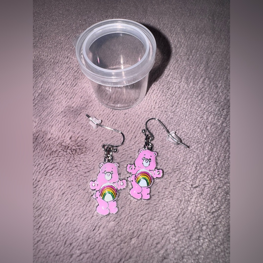 Pink Bear Earrings with Rainbow Design